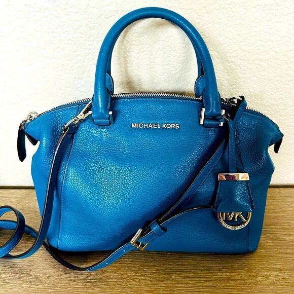 Michael Kors Blue Leather Satchel Crossbody Bag Purse - Picture 1 of 11